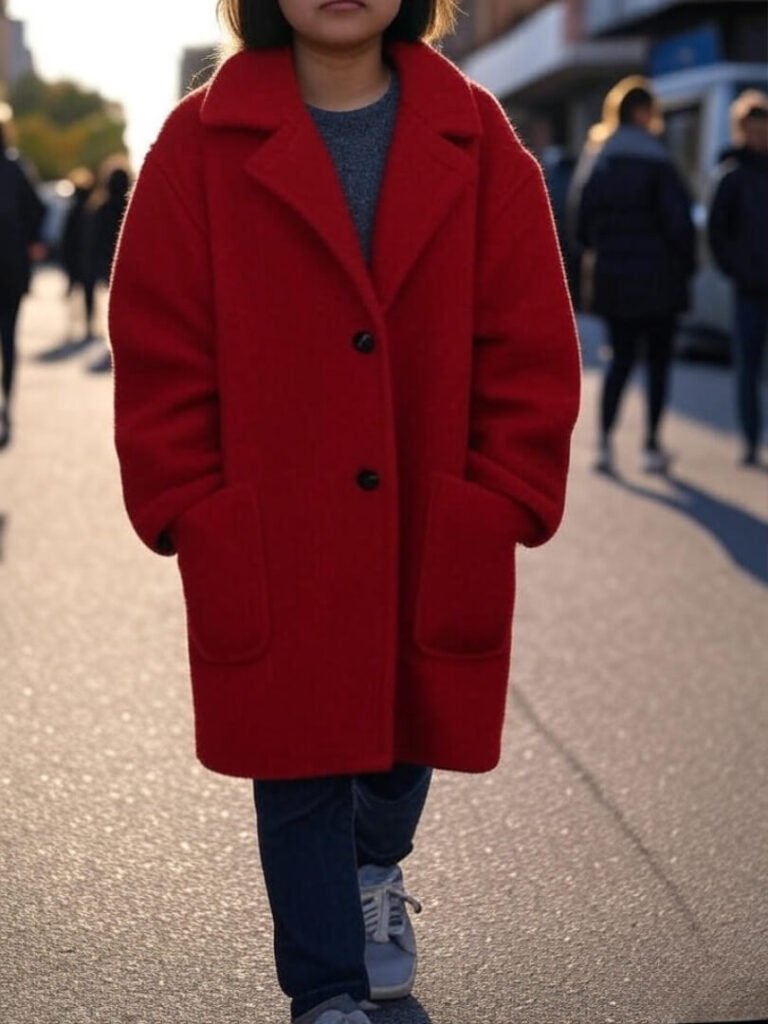 candid street shot in Queens showing someone in a bold coat but casual sneakers—slightly blurred motion, late afternoon.