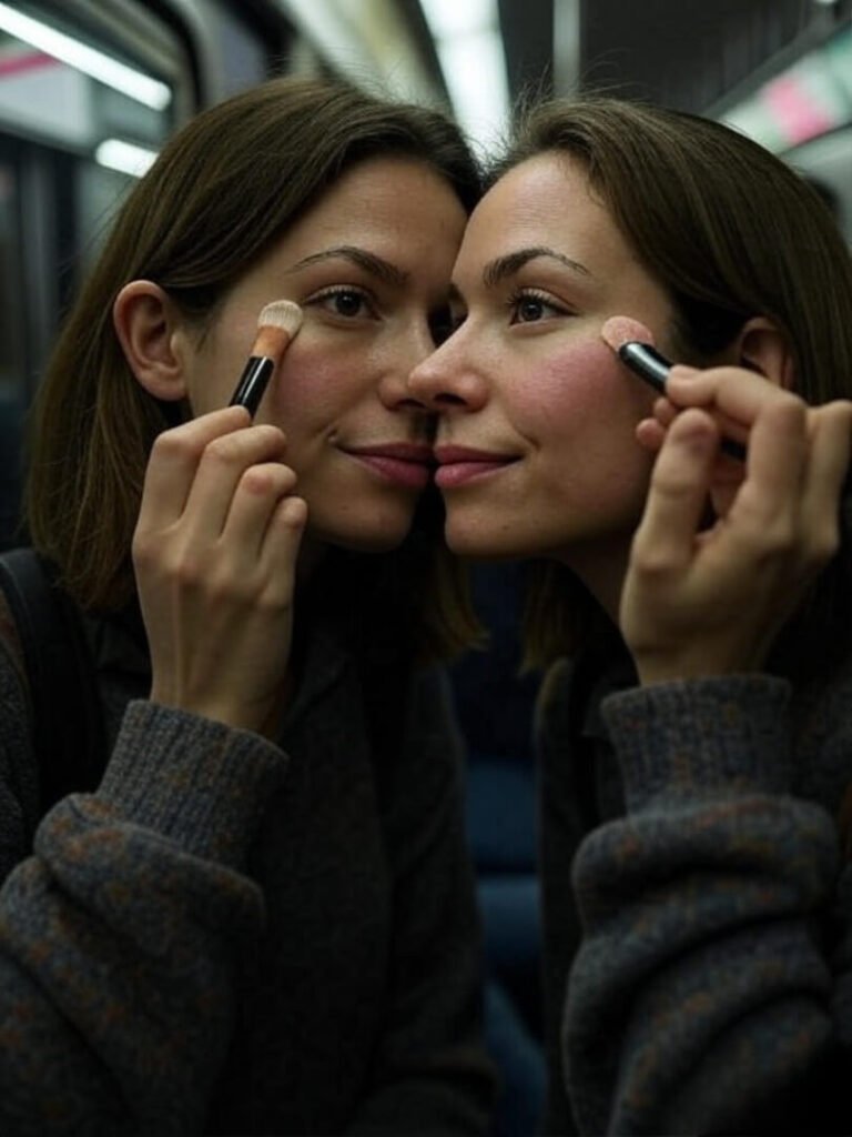 close-up of someone dabbing cream blush on cheeks in a subway reflection window