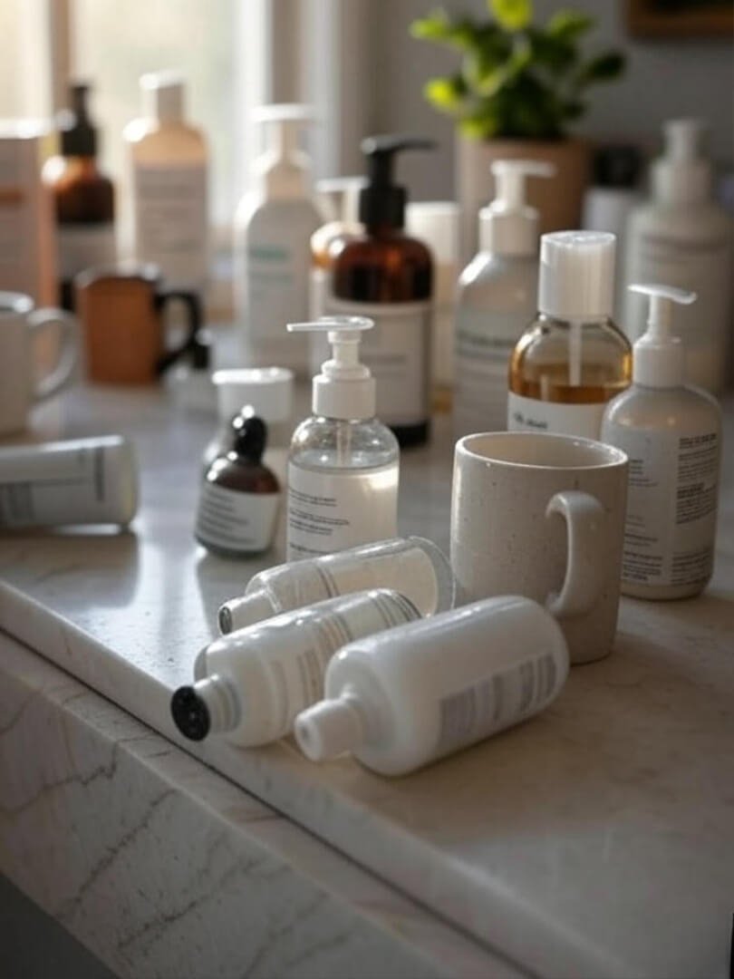 an overstuffed bathroom counter with random skincare bottles tipped over, coffee mug next to them