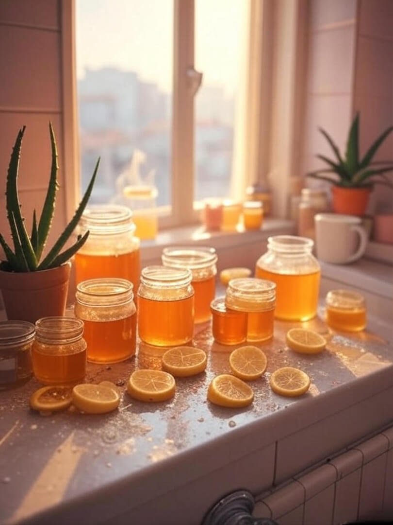 a messy bathroom counter with open jars of honey, lemon slices, a tiny aloe plant, and a steaming mug of tea next to it.