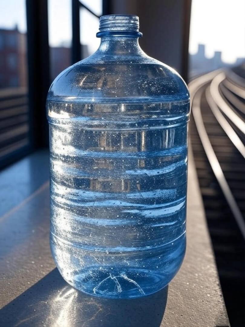 a big clear water bottle sitting on a sunny Queens apartment windowsill with the subway tracks in the background.