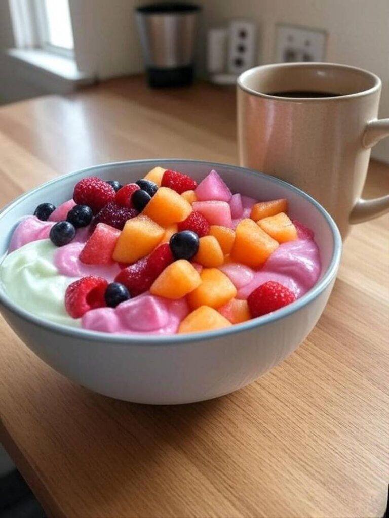 a messy but colorful yogurt + fruit bowl with a coffee mug next to it on a Queens apartment counter.