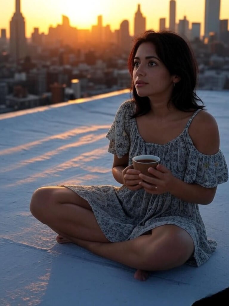 a woman sitting on a fire escape in Queens at sunset with a mug of tea, city skyline blurred behind her.