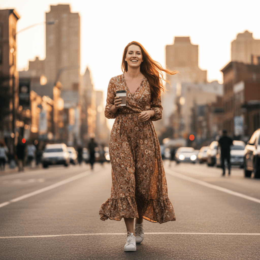 a woman walking through a busy Queens street at golden hour, wearing a flowy dress and sneakers (because real life), hair blowing