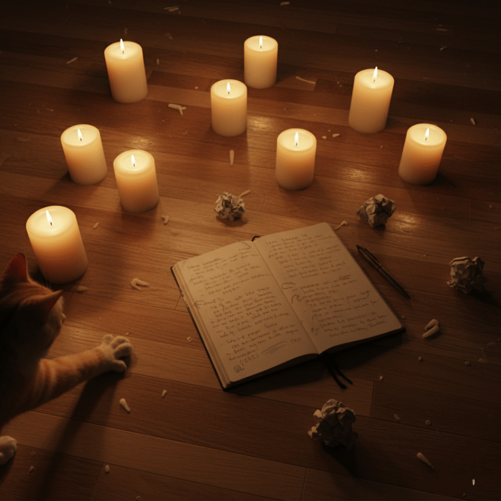 A Queens apartment floor with scattered candles, a messy notebook, and a cat paw reaching in.