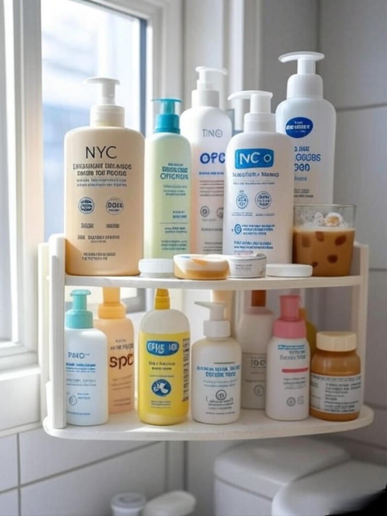 overhead shot of a small NYC bathroom shelf with affordable cleansers, SPF, and iced coffee.