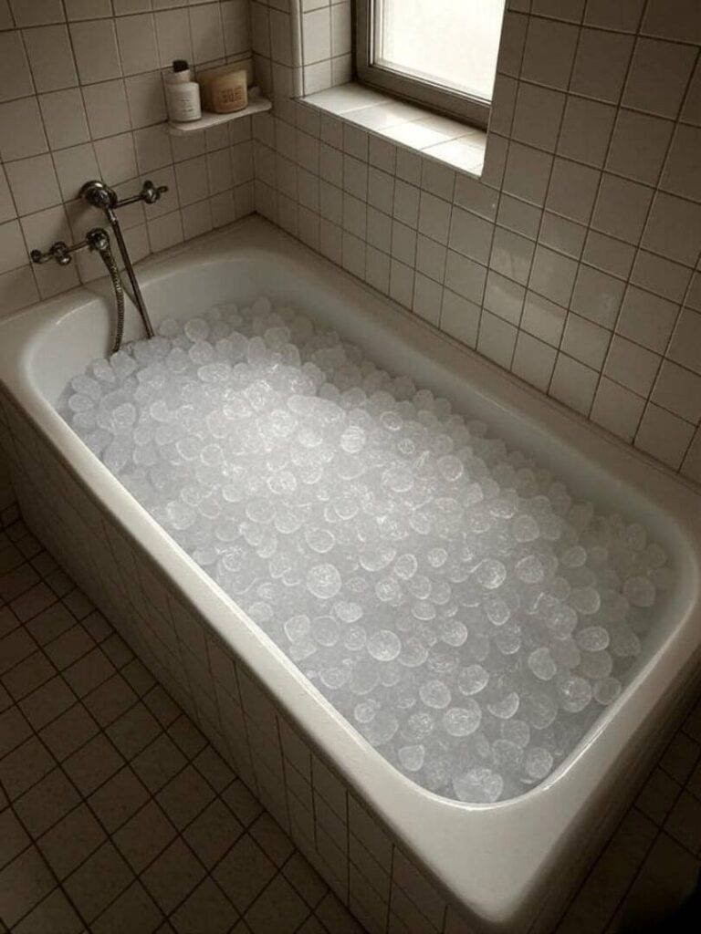 Overhead shot of a small NYC bathroom with a regular bathtub filled with ice — very “DIY wellness.
