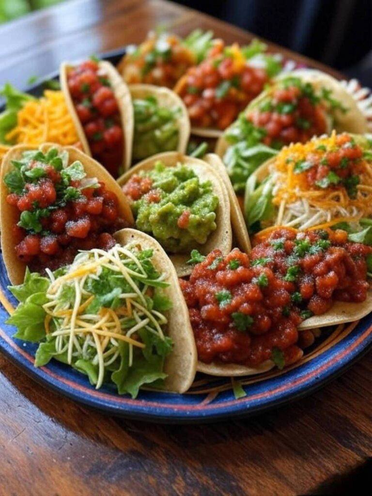 a loaded plant-based taco plate with colorful toppings.