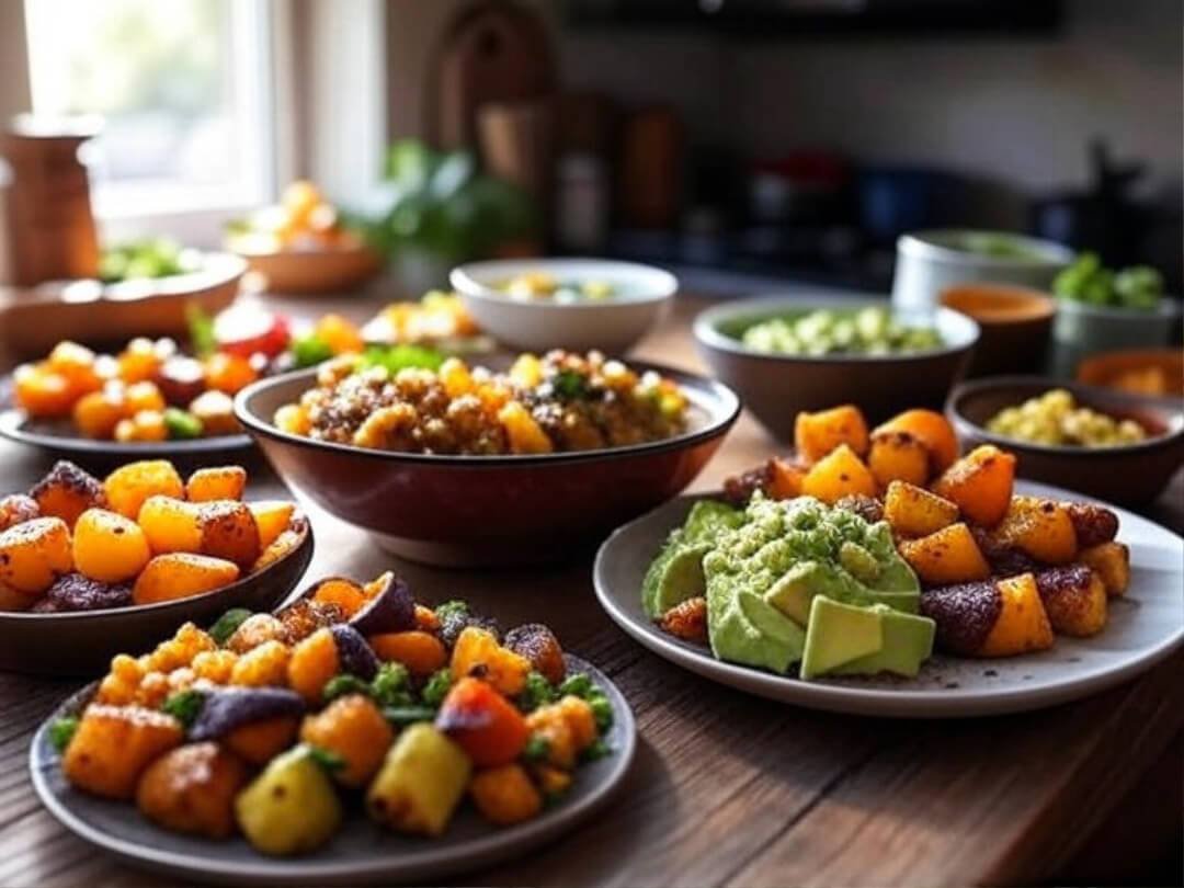 a colorful plant-based meal spread — think roasted veggies, lentil soup, and avocado toast on a rustic wooden table, with soft morning light.