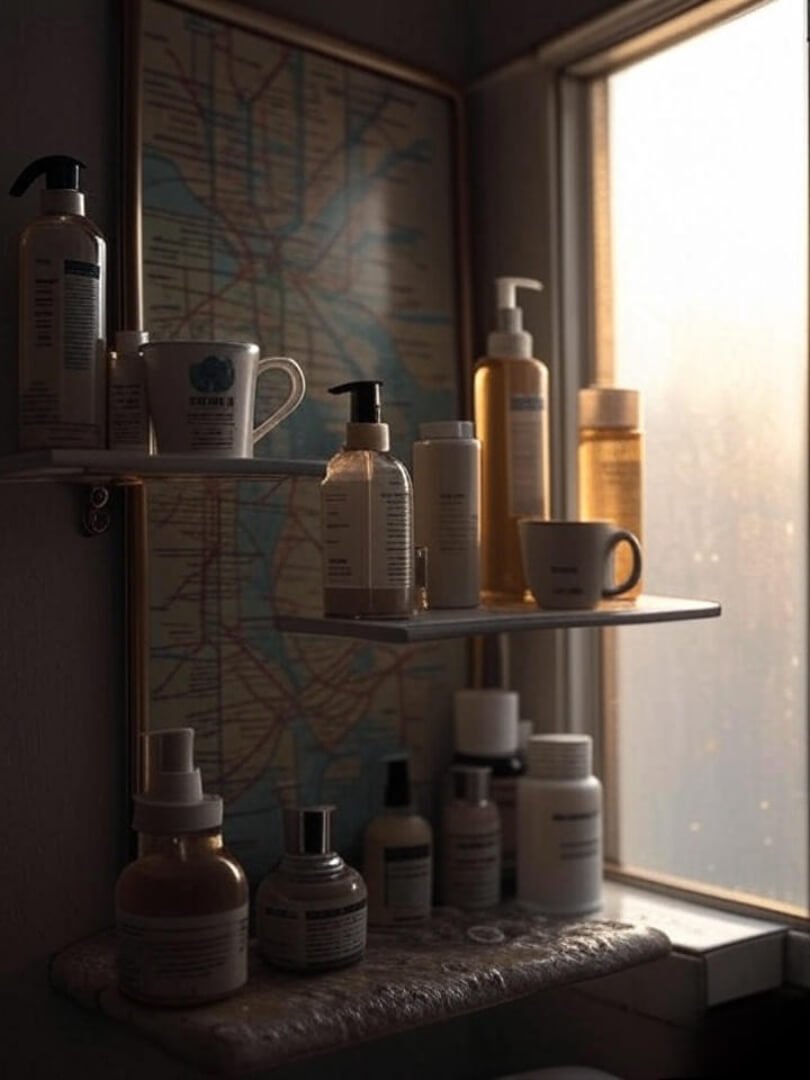 shot of a NYC bathroom shelf at sunrise with skincare bottles, coffee mug, and a subway map reflected in the mirror.