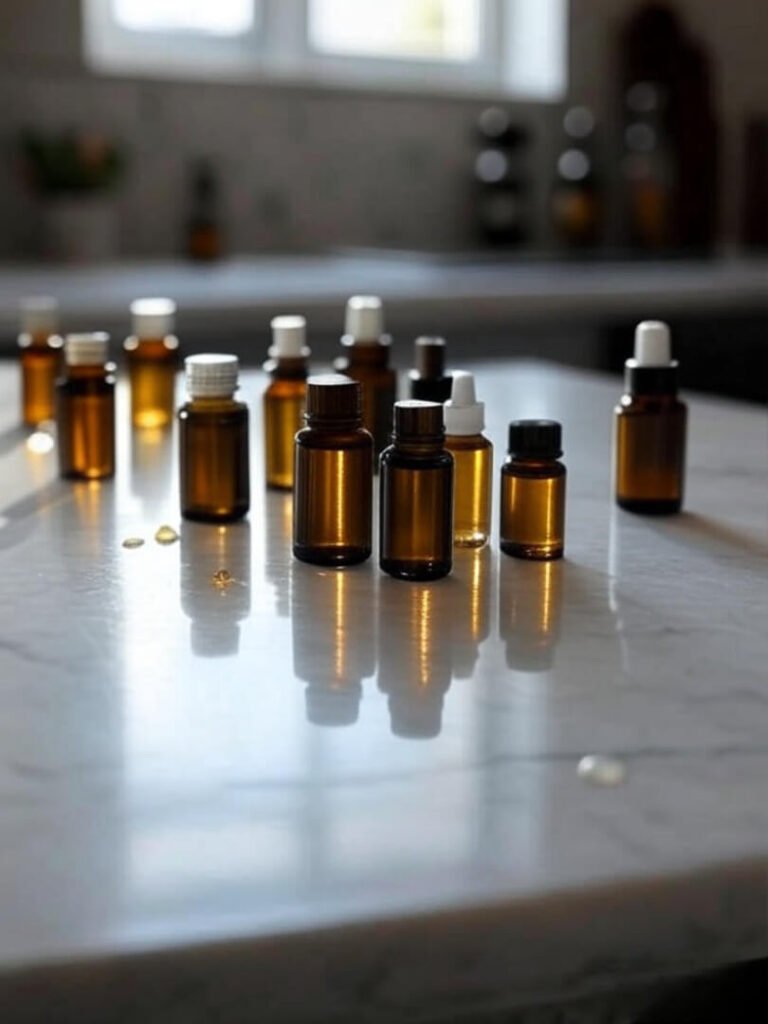 A dramatic photo of tiny essential oil bottles tipped over on a marble counter.