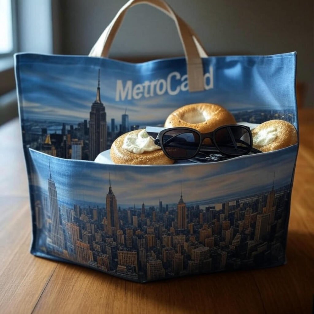 Flat lay of an oversized tote spilling with random NYC stuff