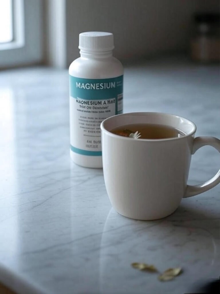 A moody flat-lay of a bottle of magnesium on a marble countertop with a half-empty mug of chamomile tea.