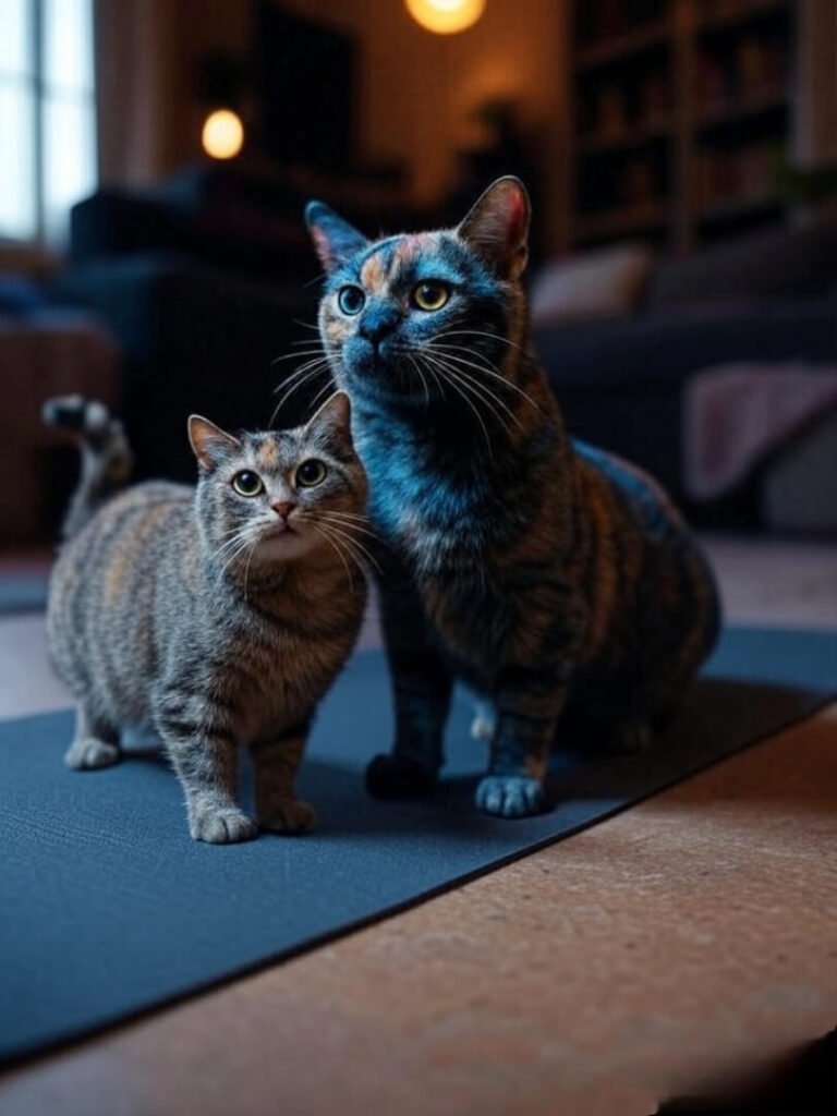 Side-angle shot of Cat-Cow on a mat with a real cat mimicking the pose.