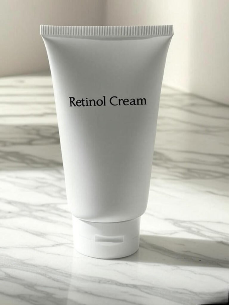 a close-up of a simple white tube labeled “Retinol Cream” on a marble bathroom counter, soft side lighting.