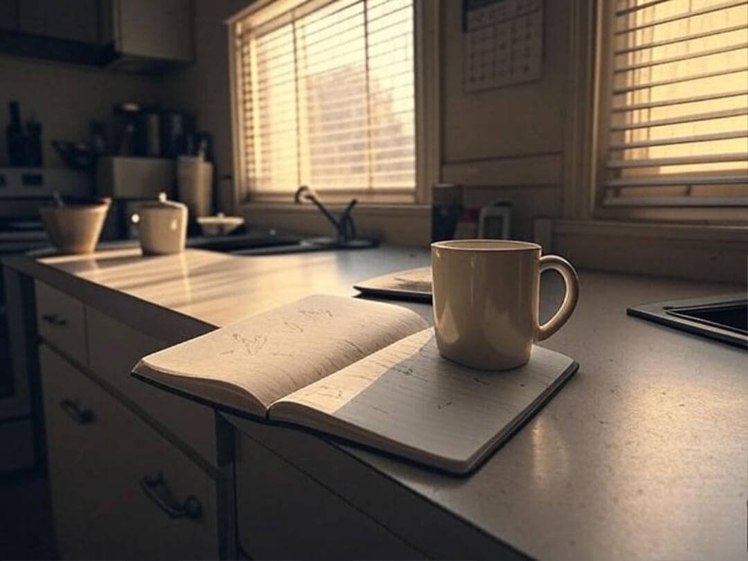 a cluttered Queens kitchen counter at sunrise—half-empty coffee mug, notebook with scribbles, sunlight spilling through blinds.
