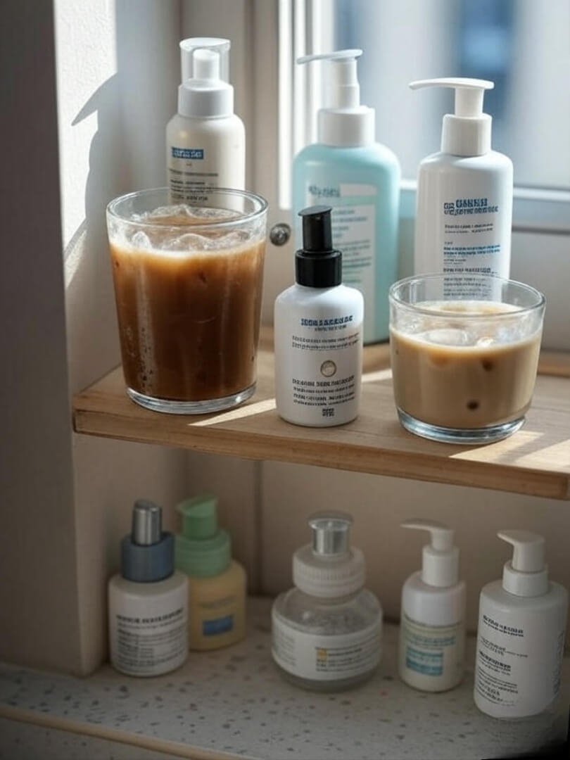 overhead shot of a small NYC bathroom shelf with affordable cleansers, SPF, and iced coffee.