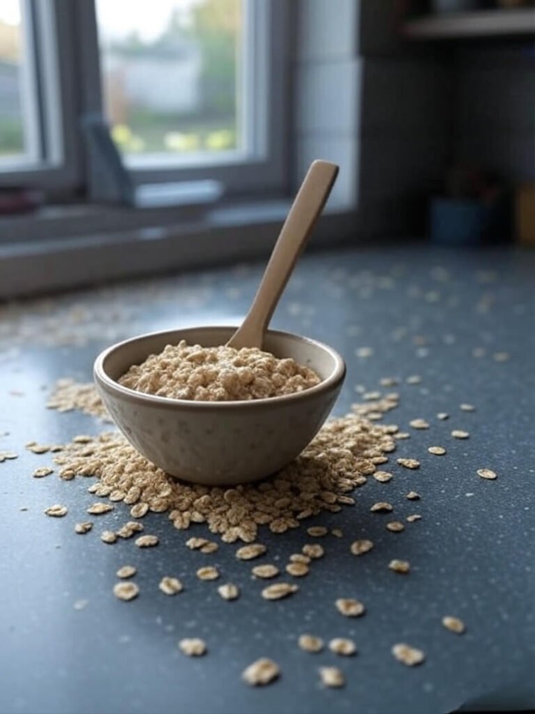 a messy kitchen counter with a small bowl of oatmeal mask, a wooden spoon, and spilled oats around it.