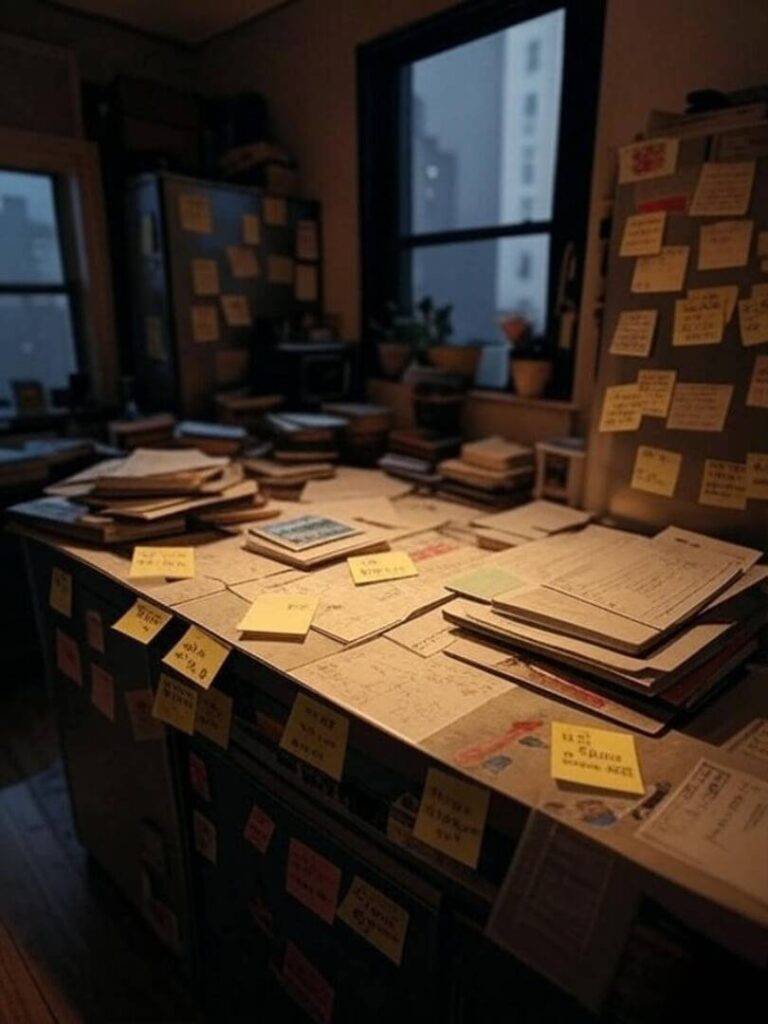 A messy Queens apartment kitchen counter with sticky notes: “Say no,” “You’re not a bad person,” “Take a break.”
