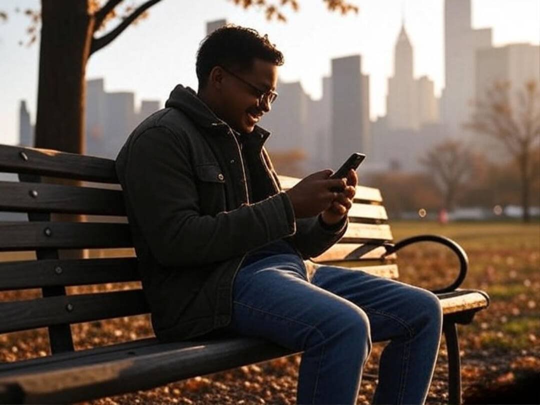 A cozy, slightly cinematic shot of someone sitting on a park bench in Queens A cozy, slightly cinematic shot of someone sitting on a park bench in Queens
