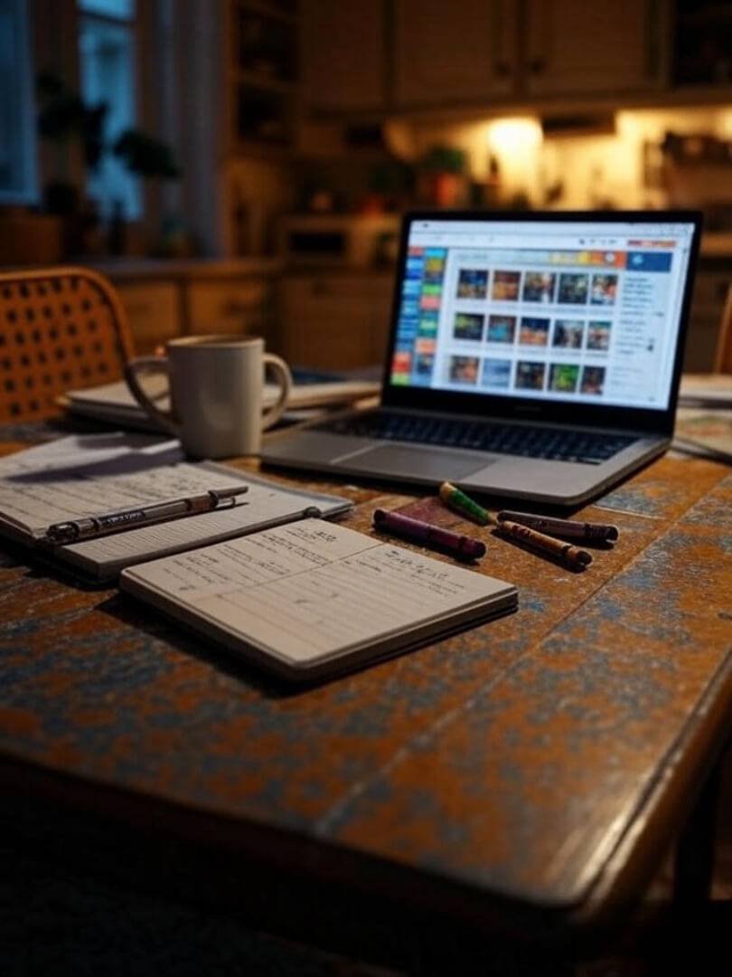 a cluttered Queens kitchen table on Sunday evening—planner, coffee mug, crayons, and a half-open laptop.