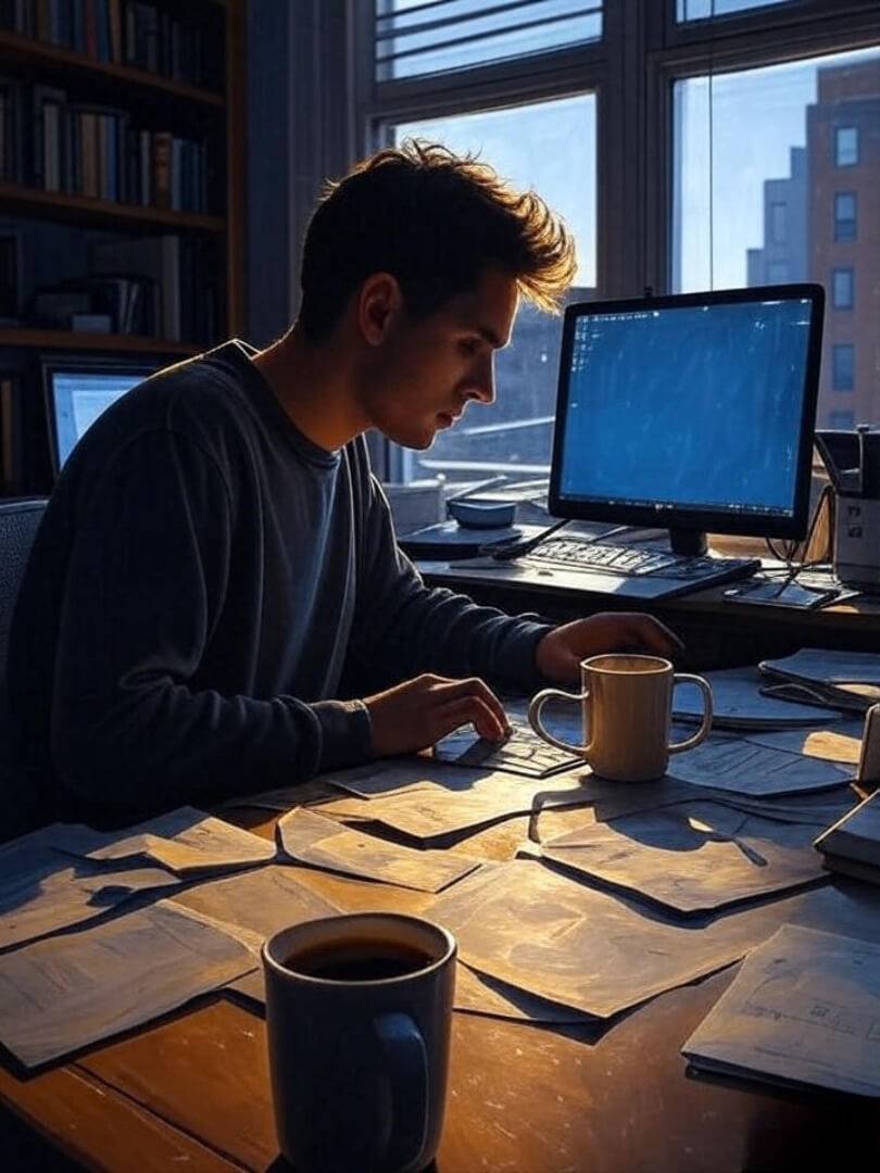 someone working at a cluttered desk in a Queens apartment—half-empty coffee mug, glowing laptop, sunlight cutting through blinds, outside you can faintly see subway tracks