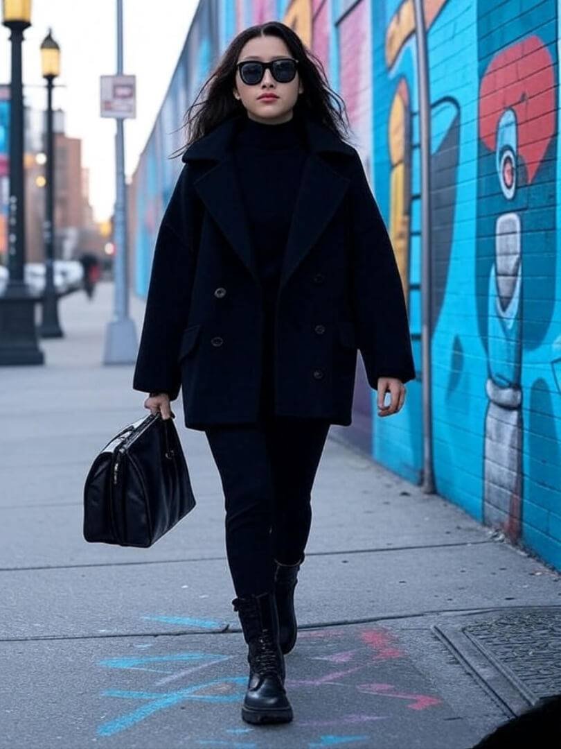 someone wearing all-black monochrome outfit — thrifted coat, boots, and sleek bag — walking past colorful Queens street murals.