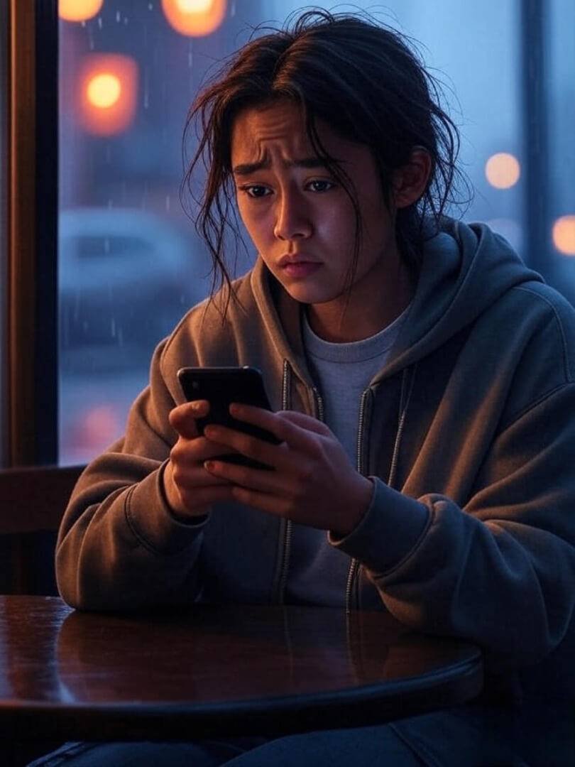 a person sitting in a Queens café, staring at their phone with a mix of confusion and resignation.