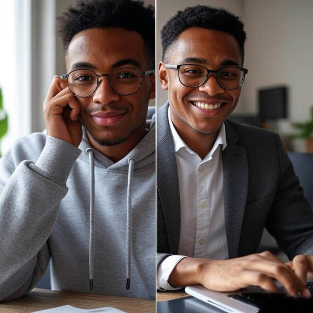 someone wearing a hoodie vs. the same person in a sharp blazer, working at a laptop, smiling in the second one.