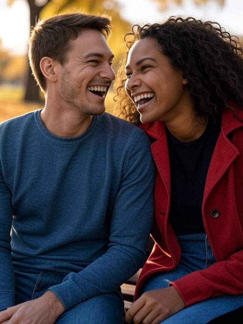 a couple sitting on a park bench, laughing after a playful argument.