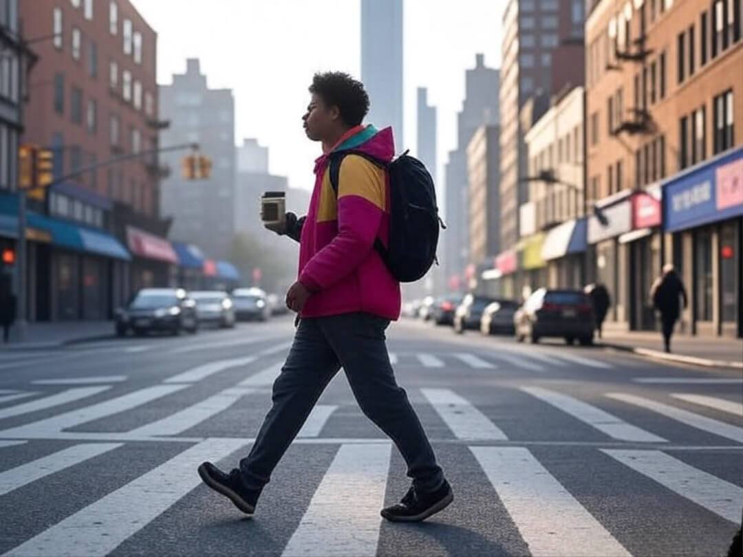 Wide shot of a person walking across a crosswalk in Queens with a backpack and coffee in hand Wide shot of a person walking across a crosswalk in Queens with a backpack and coffee in hand