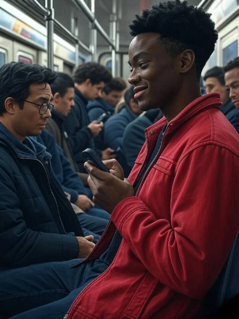 a crowded NYC subway car, one person calmly smiling and chatting while everyone else looks stressed, symbolizing soft skills in chaos.