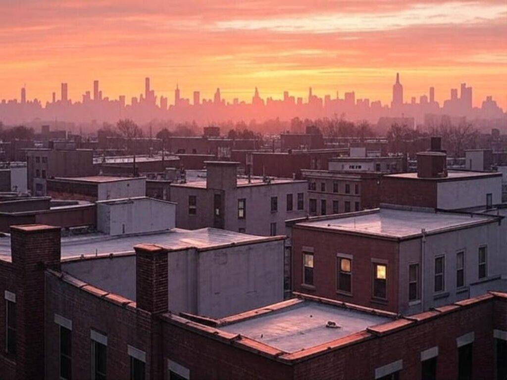 Digital painting of a sunrise over Queens rooftops with the Manhattan skyline faint in the background.