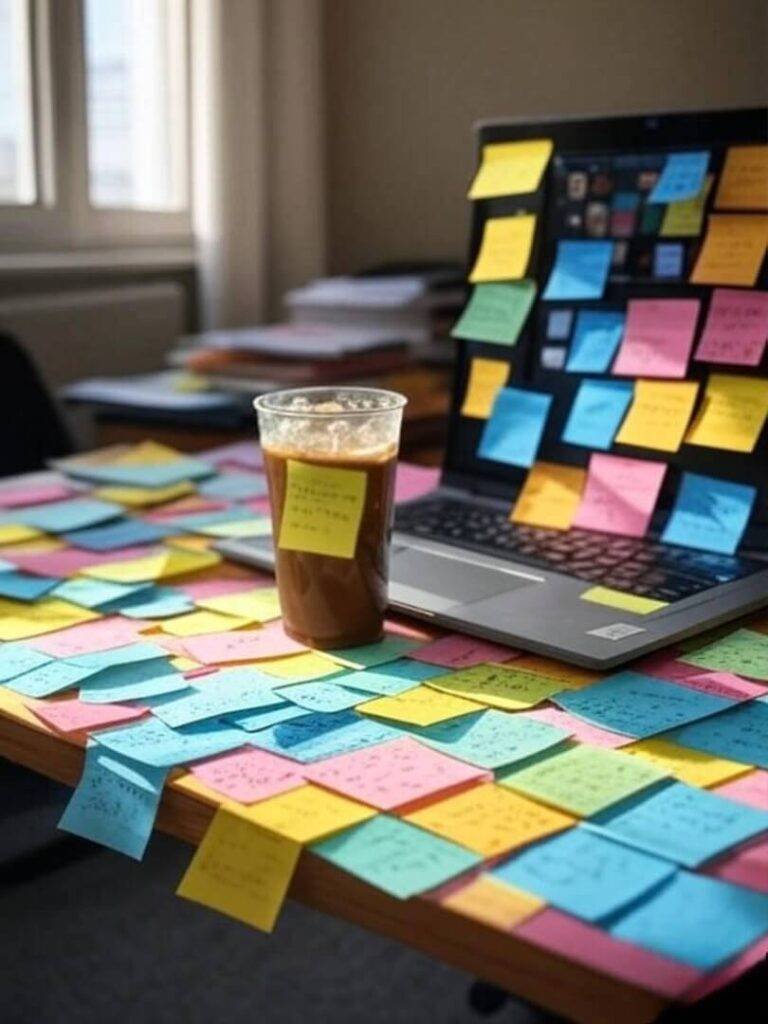 A messy desk with a half-drunk iced coffee, sticky notes everywhere, and a laptop open to a Zoom call.