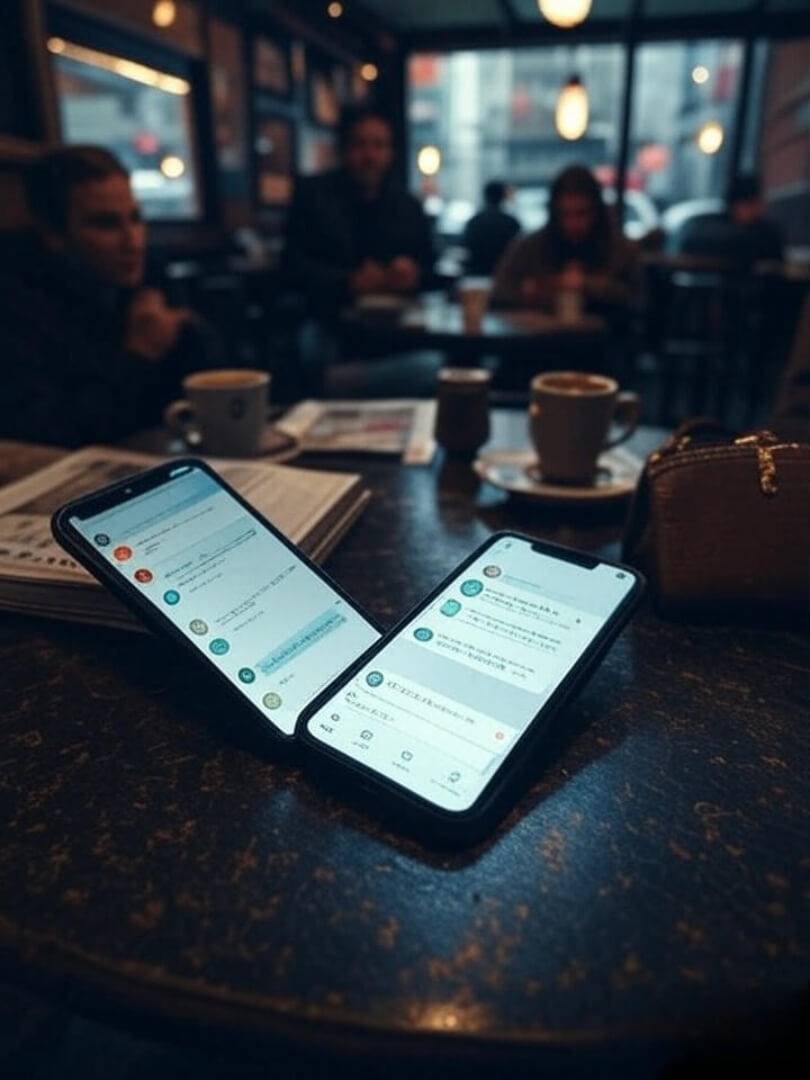 A high-res photo of two phones on a messy café table, one buzzing with notifications. A high-res photo of two phones on a messy café table, one buzzing with notifications.
