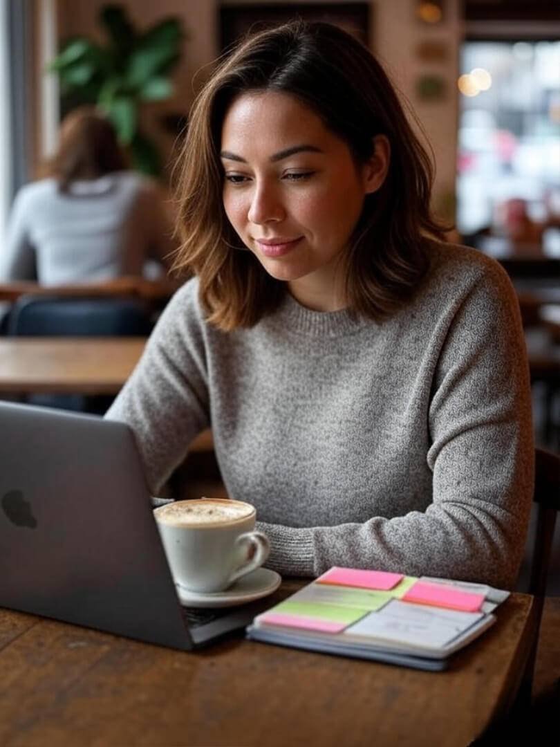A woman in a cozy Queens café with a laptop, latte, and planner scattered with sticky notes.