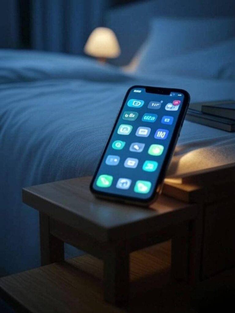 A phone on a nightstand with 27 unread texts next to it. Soft lighting.