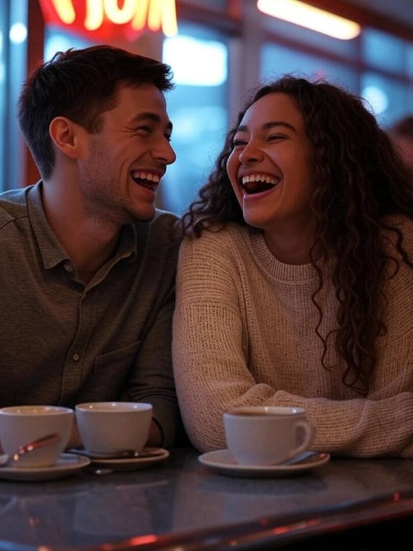 Two people laughing mid-conversation at a late-night diner.