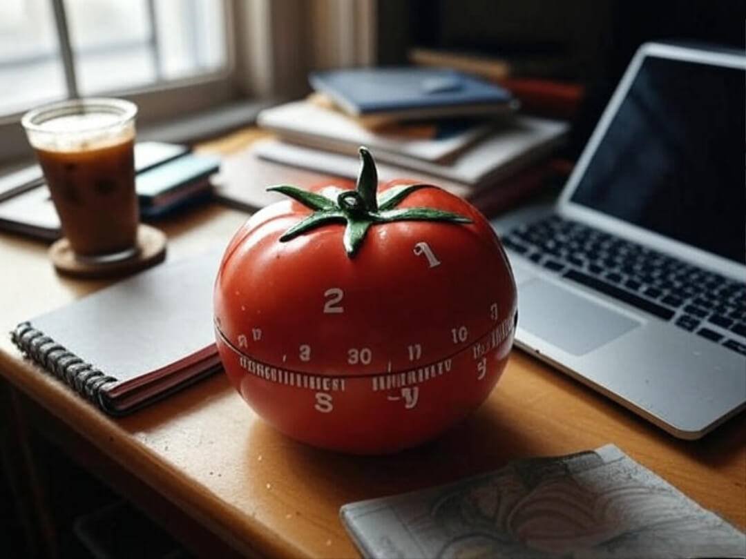 a vintage tomato-shaped kitchen timer sitting on a cluttered desk with notebooks, iced coffee sweating on a coaster, and a laptop half-open.