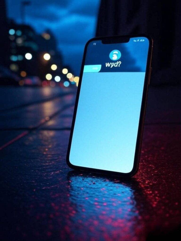 Close-up of a phone with a late-night “wyd?” text. Dark lighting, neon reflection.