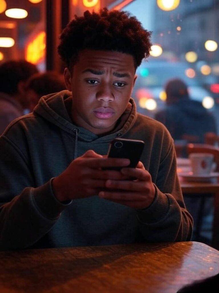 a person sitting in a Queens café, staring at their phone with a mix of confusion and resignation.