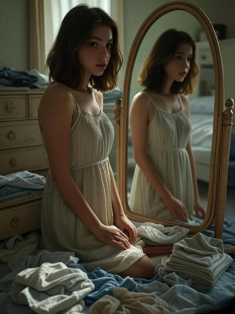 A candid shot of a young woman looking into a mirror surrounded by clothes—half messy, half neatly folded.