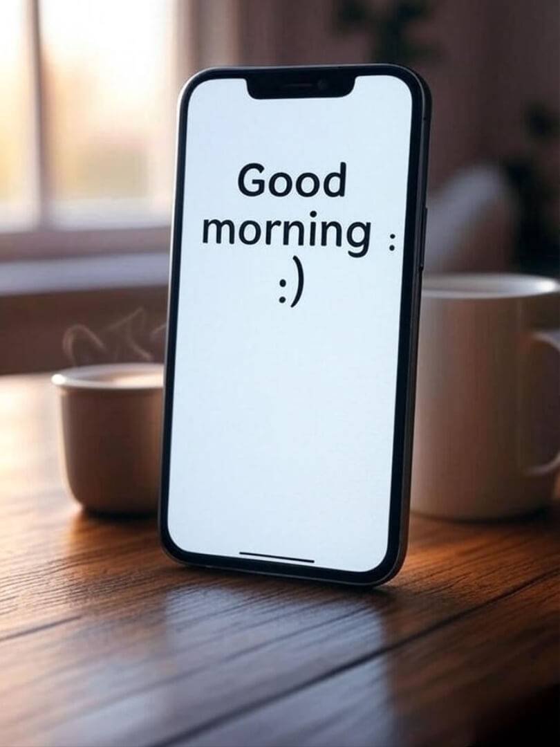 A phone screen close-up showing a “Good morning :)” text, soft natural light, coffee mug nearby.