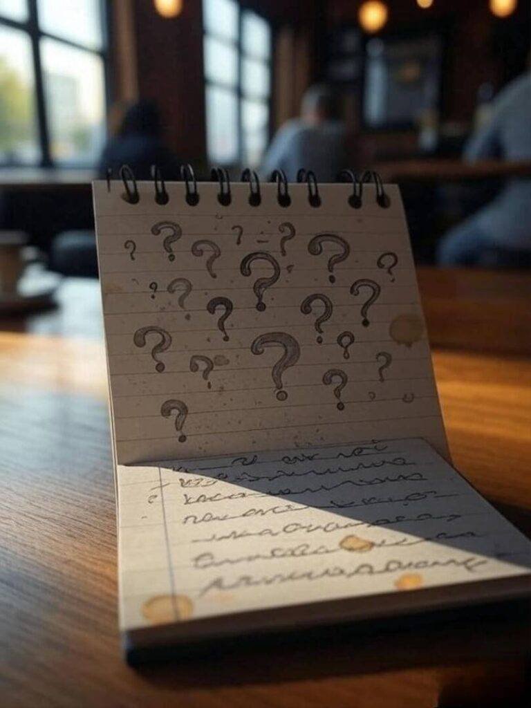 A hand-drawn notepad on a café table with doodled question marks and coffee stains. Soft daylight filtering in.