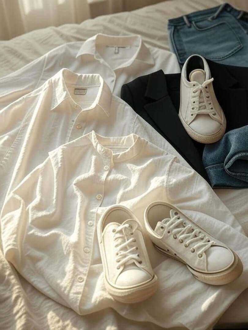 A cozy-chic flat lay — crisp white shirt, blue jeans, black blazer, gold jewelry, and white sneakers on a linen bedsheet with soft morning light.