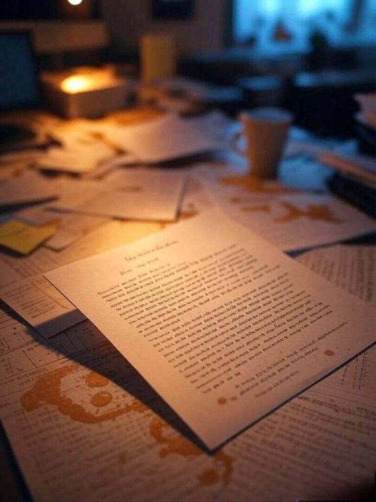 Close-up of a messy desk with coffee stains, sticky notes, and a resignation letter half-written.