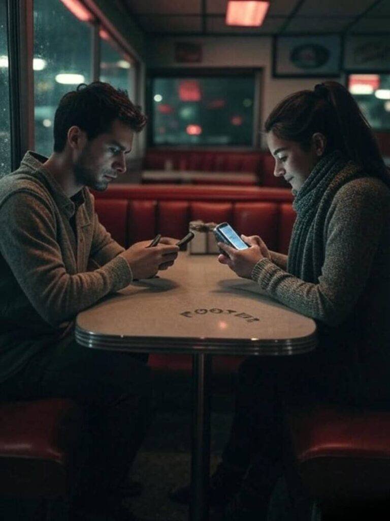 Two people sitting at opposite ends of a diner booth in Queens, both scrolling on their phones instead of talking.