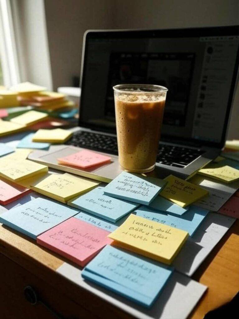 A messy desk with a half-drunk iced coffee, sticky notes everywhere, and a laptop open to a Zoom call.