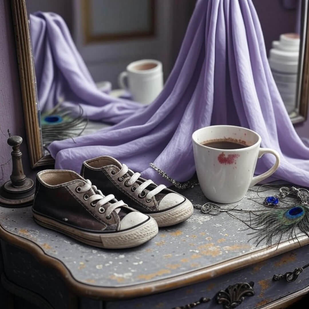 Crumpled scarf, smudged cup, sneakers, feather vanity.