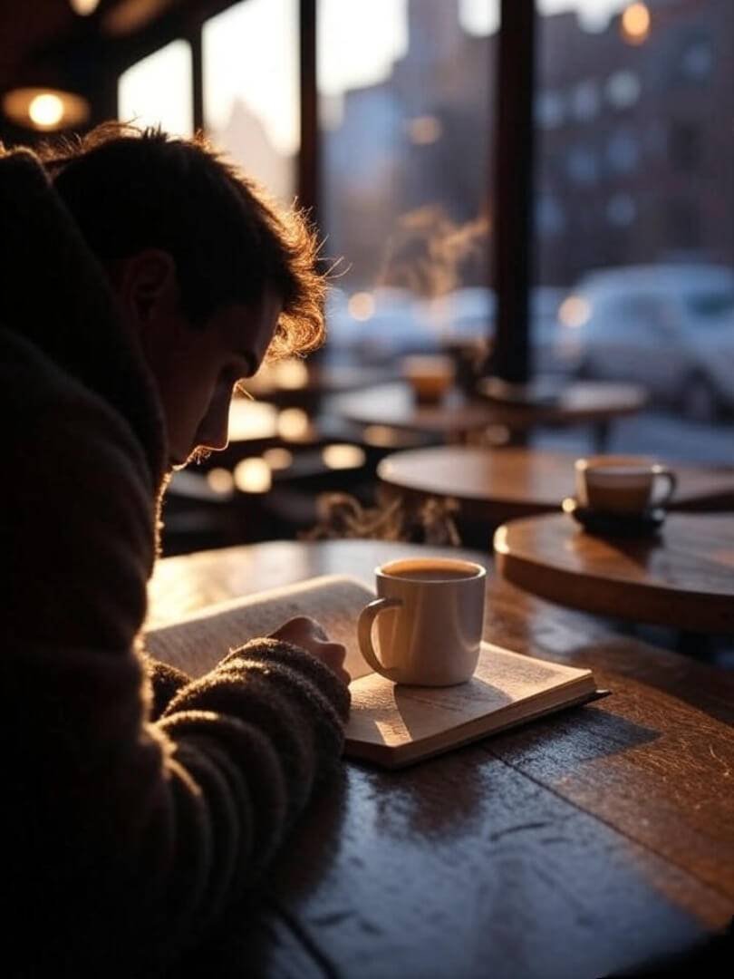 A cozy NYC coffee shop scene at sunrise — slightly blurred photorealistic shot of someone journaling by the window, steam rising from a mug, muted earth tones with a warm glow.